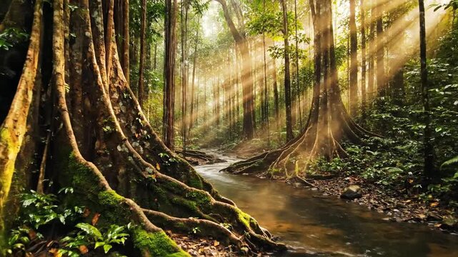 Sunlit rainforest stream weaving through lush jungle greens and towering trees