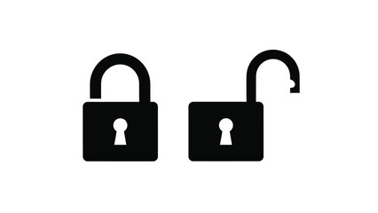 Two black padlocks one locked and one unlocked on white background