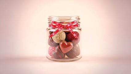 Sweet heart shaped chocolates and treats in a jar tied with a festive ribbon