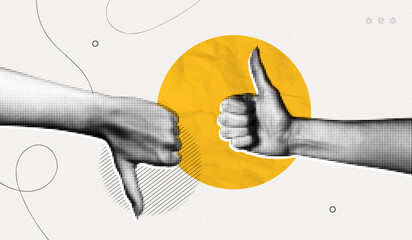 Trendy Halftone Collage Two Woman Hands with like and dislike gestures. Arm showing thumb up. Discussion in conversation, work and social media. Feedback banner. Contemporary vector illustration art