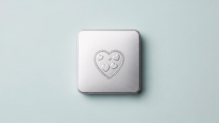 Subtle heart emblem embossed on a smooth, square metallic surface against a soft blue background