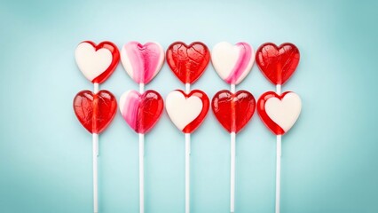 Sweet heart-shaped lollipops arranged in rows on a pastel blue background, perfect for celebrations.