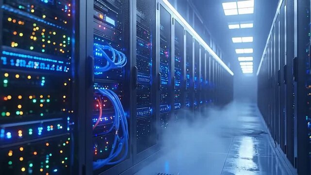 Data center with rows of server racks and networking cables, providing cloud comg.