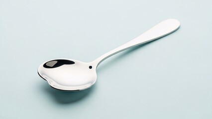 Elegant silver spoon resting on a pastel blue background, reflecting light.