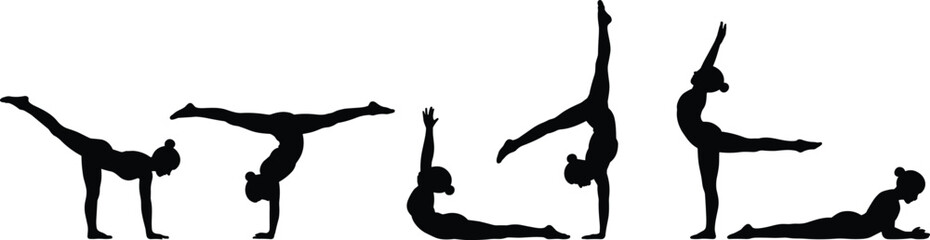 Gymnast silhouettes, acrobatic poses, black vector illustration, flexibility, strength, balance, athletic motion, dance icons, body movement, fitness design