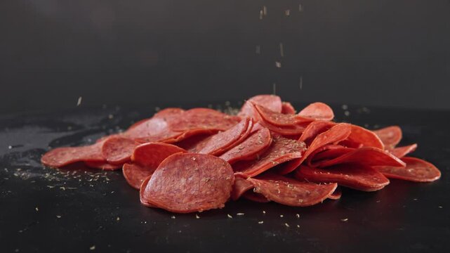 Slow motion studio slo mo of spices, oregano, black pepper, and garlic spicing falling slowly onto plate of red slices of pepperoni protein for food prep preparation for Italian American meal of pizza