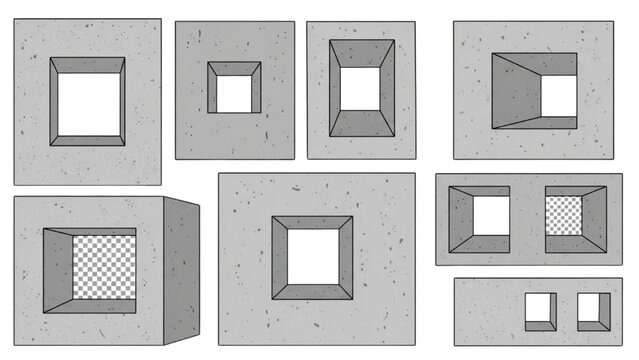 Collection of concrete blocks with square openings displayed from various viewpoints and angles in a detailed illustration