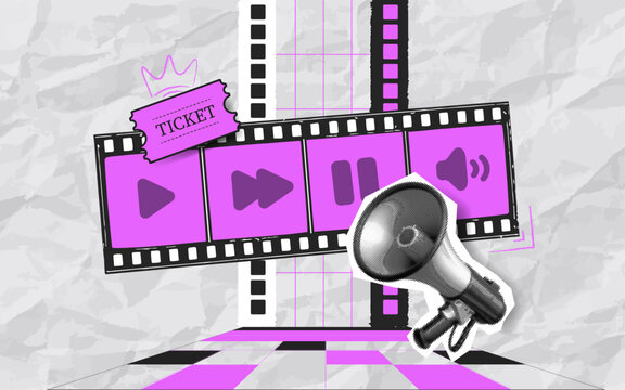 Vector template for movie viewing, notifications and ticket purchase. Cinema composition with movie player controls, ticket and megaphone in halftone style.