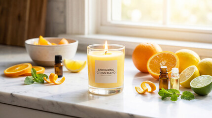 An energetic scene with a citrus-scented aromatherapy candle glowing on a bright white marble countertop