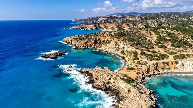 Aerial view of a y coastline with turquoise water and lush vegetation.