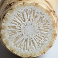 Cross Section of Horseradish Root Vegetable Close Up Intricate Pattern Texture Detailed Structure White Color Fresh Ingredient