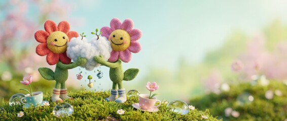 Joyful flower characters embracing nature colorful garden whimsical illustration bright setting close-up view playful concept