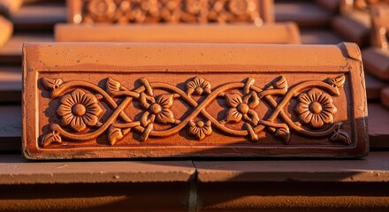 Decorative Terra Cotta Roof Tile Detail with Floral Pattern Featuring Brown Textured Interlocking Design
