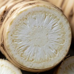 Close-Up of Cut Horseradish Root Revealing Circular Pattern and Intricate Texture