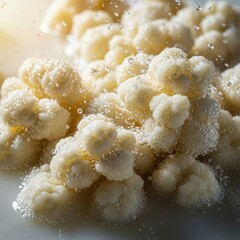 Kefir Grains Submerged in Liquid with Bubbles Close-Up Macro Photography
