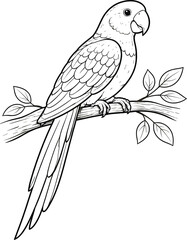 Black and white of a parrot on a branch leaves bird