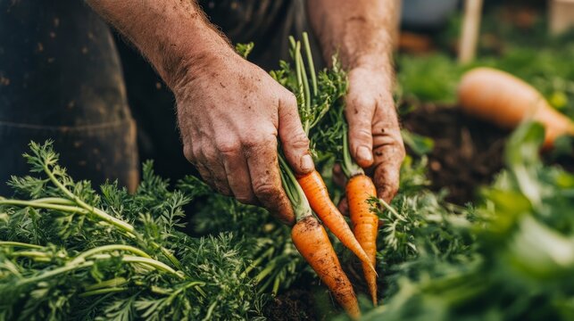 Close-up of hands working the soil, pulling carrots out of the ground generative ai