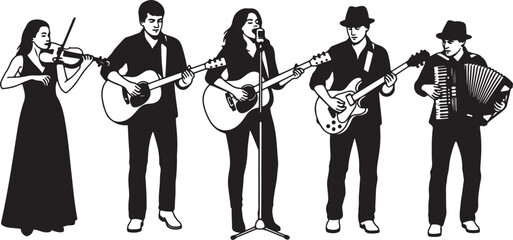 Five musicians playing instruments on stage in black and white also transparent background band violin © Pixel With MH