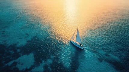 Aerial View of Sailboat in Turquoise Ocean at Golden Sunset