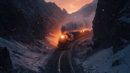 Freight Train Passing Through Snowy Mountains at Dramatic Sunset