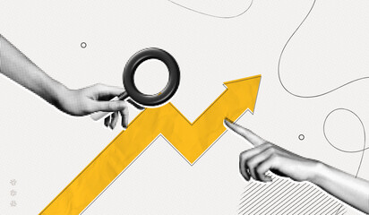 Trendy Halftone Collage Business opportunity and investment growth concept. Hand with magnifying glass and arrow pointing up. Interest rate. Invest strategy. Contemporary vector illustration art