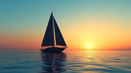 Sailboat Silhouette on Calm Sea at Sunset with Golden Sky