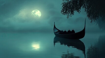 Mystical Boat on Calm Lake Under Full Moon at Night