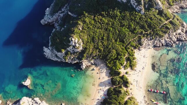 Porto Timoni beach, Agios Georgios, near Afionas village, beautiful Greek landscape, Corfu island, Greece, with turqoise water and sea beach, Kerkyra, Ionian sea islands, summer sunny day
