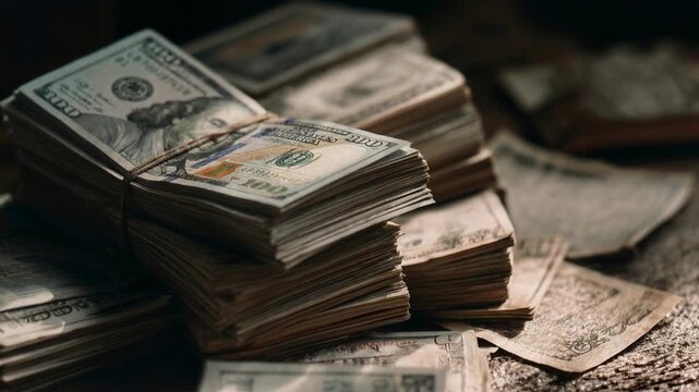 Close view of thick bundle of banknotes on rough surface conveying raw financial power tangible wealth accumulation and material security concept