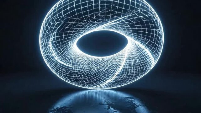 Abstract glowing torus shape with grid pattern, floating above a reflective surface in the dark.