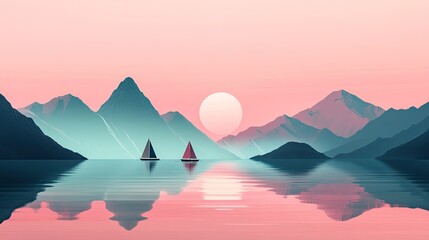 Minimal Mountain Landscape with Sailboats and Calm Lake at Sunset
