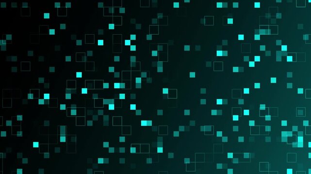 Flowing Digital Data with Glowing Cyan Squares and Geometric Patterns