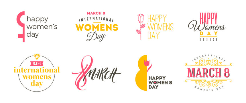 Happy International Women's Day March 8 logos set. Vector typography badges collection. Greeting card lettering templates with female symbols and flowers.