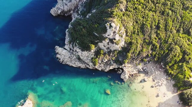 Porto Timoni beach, Agios Georgios, near Afionas village, beautiful Greek landscape, Corfu island, Greece, with turqoise water and sea beach, Kerkyra, Ionian sea islands, summer sunny day
