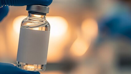 Close up of a vaccine vial held by a gloved hand against blurred background