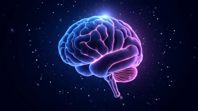 Futuristic artificial intelligence brain made of glowing circuits and neural pathways, electric blue and purple neon colors, particle effects, cyber technology concept, digital innovation 