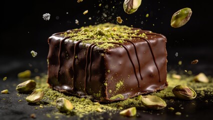 Chocolate dessert square with green pistachio topping, surrounded by scattered nuts and cocoa powder, showcasing rich textures and vibrant colors, perfect for indulgent treats
