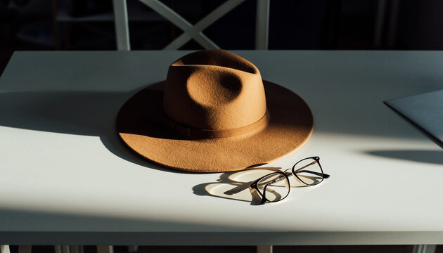 hat and glasses on the white table