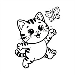 Cartoon kitten playing with a butterfly line jumping