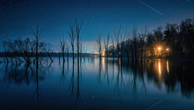 dry trees on the lake at night
