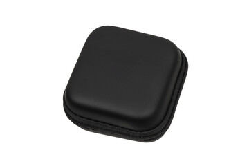 Closed black semi-rigid square protective zipper case on white back