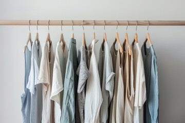 Minimalist editorial shot of a sustainable capsule collection hanging on a wooden rack, featuring linen and organic cotton garments in various cool blue shades