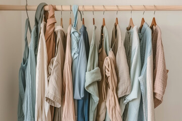 Minimalist editorial shot of a sustainable capsule collection hanging on a wooden rack, featuring linen and organic cotton garments in various cool blue shades
