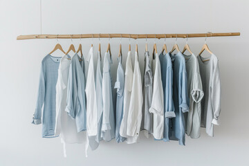 Minimalist editorial shot of a sustainable capsule collection hanging on a wooden rack, featuring linen and organic cotton garments in various cool blue shades
