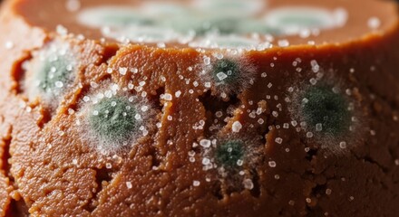 Moldy Sweet Treat with Crystals and Fluffy Patches Texture Surface Closeup Food Spoilage Danger Bad Unhygienic Fungi Infection Colony Spores Brown Cake