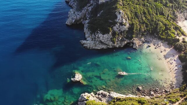 Porto Timoni beach, Agios Georgios, near Afionas village, beautiful Greek landscape, Corfu island, Greece, with turqoise water and sea beach, Kerkyra, Ionian sea islands, summer sunny day

