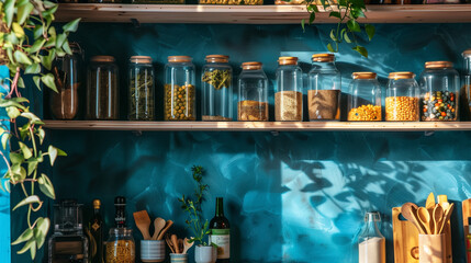 Interior view of a zero waste kitchen featuring open wooden shelving filled with glass jars of bulk foods, bamboo and wooden utensils, and hanging plants against cool blue painted walls