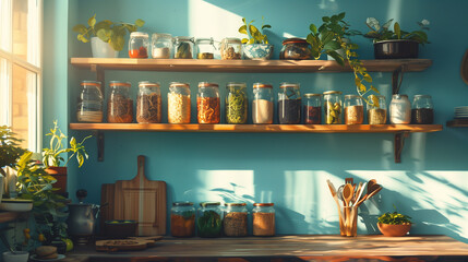 Interior view of a zero waste kitchen featuring open wooden shelving filled with glass jars of bulk foods, bamboo and wooden utensils, and hanging plants against cool blue painted walls