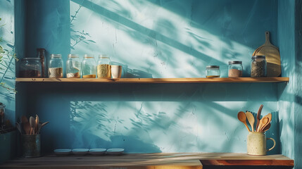 Interior view of a zero waste kitchen featuring open wooden shelving filled with glass jars of bulk foods, bamboo and wooden utensils, and hanging plants against cool blue painted walls