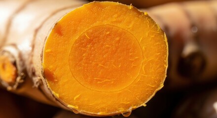 Cross Section of Turmeric Rhizome Close Up Healthful Spice Culinary Ingredient Golden Color Food Photography Curcumin Condiment